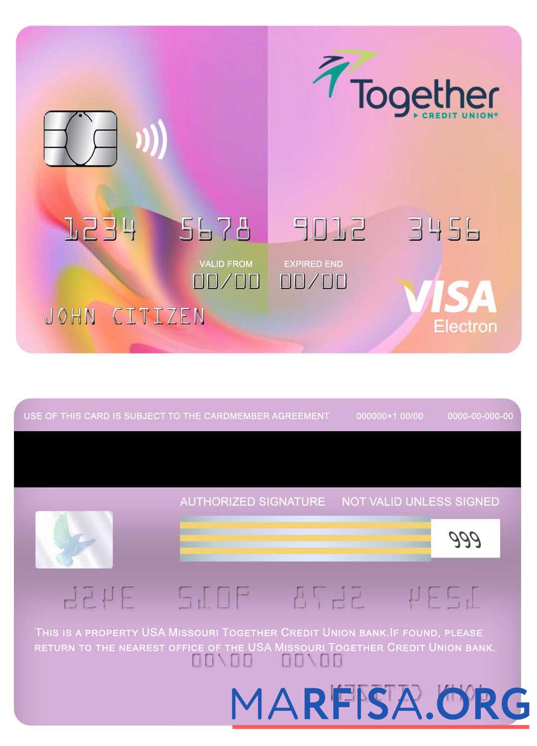Realistic USA Missouri Together Credit Union bank visa electron card example